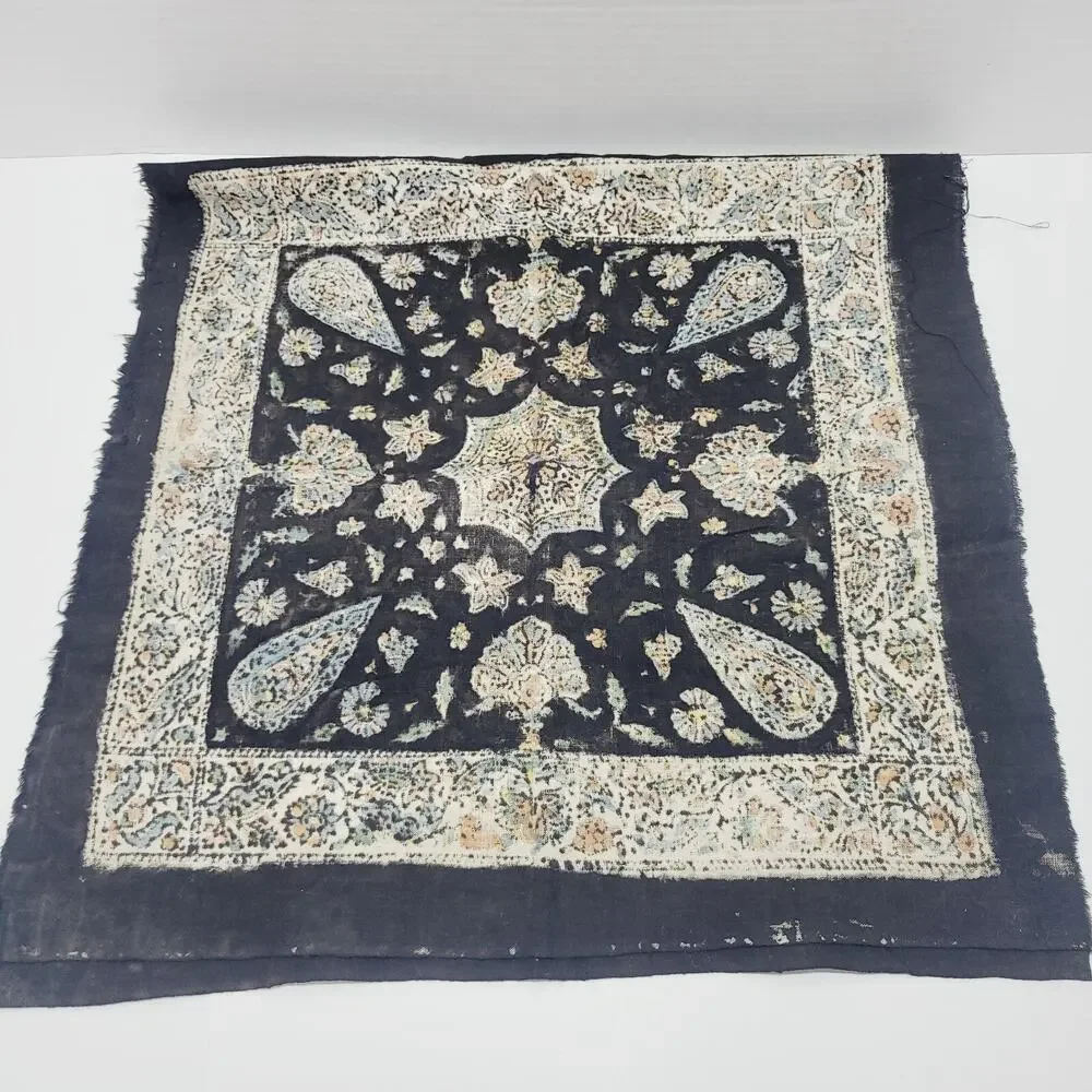 Vintage Turkish Black Mandala Floral Paisley Fabric Panels Turkey Made 2 Piece